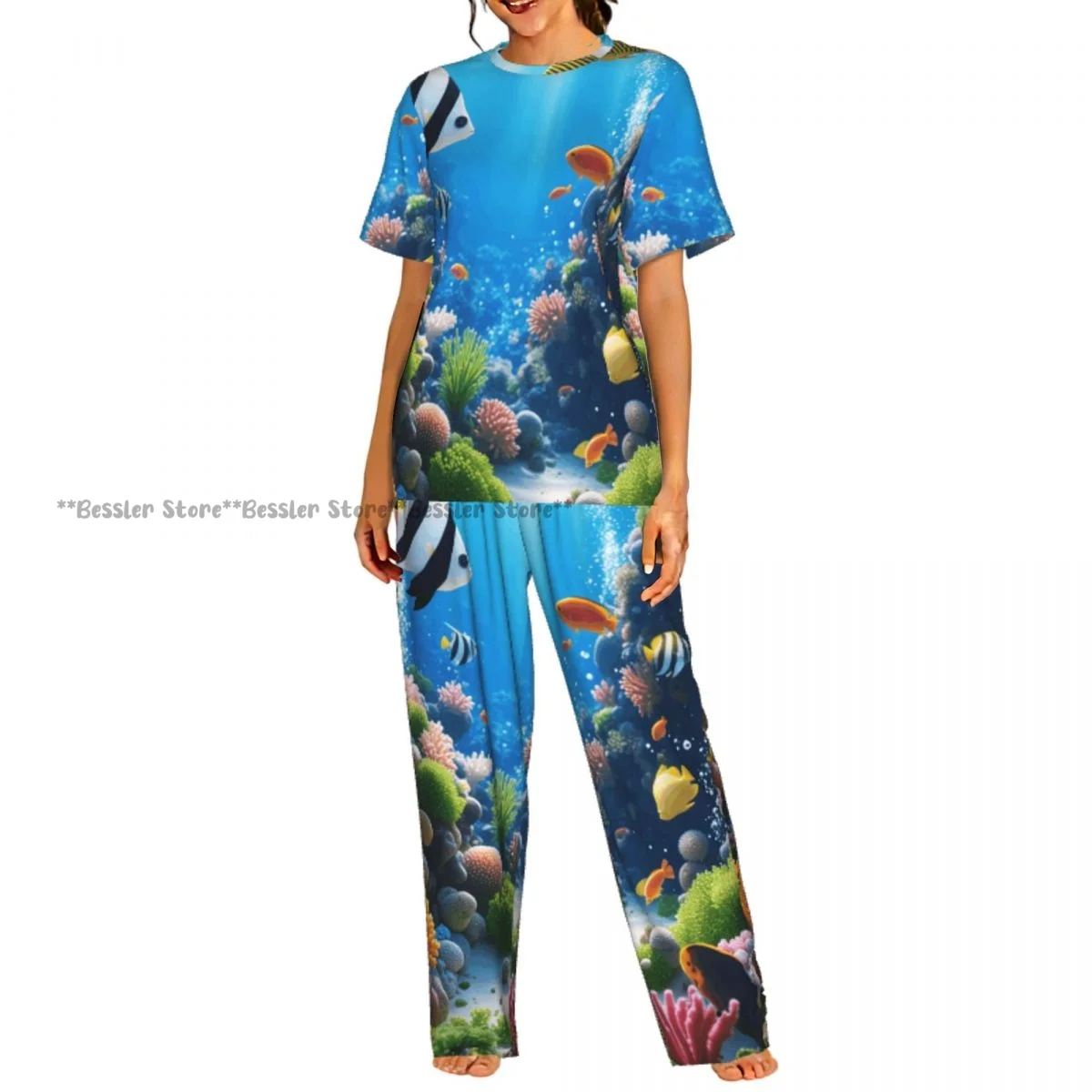 

Women's Pajamas Set Tropical Fish Underwater World Landscape Short Sleeve Sleepwear 2 Piece Homewear Loungewear