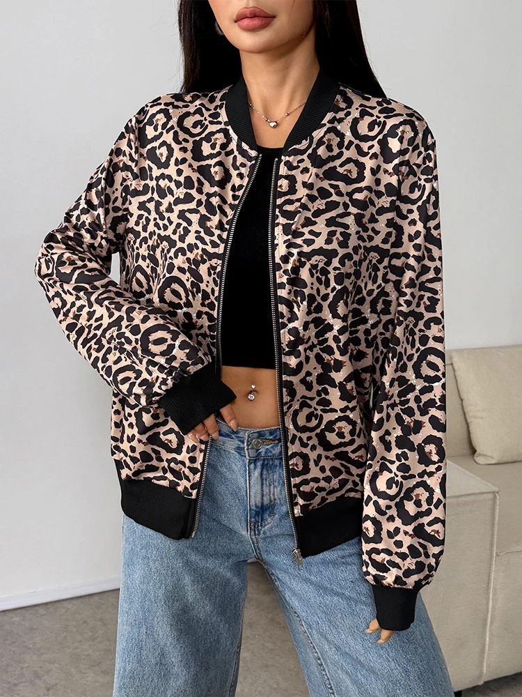 خريف جديد المرأة بلايز معطف الشارع الشهير موضة طويلة الأكمام ليوبارد طباعة سحابات هوديي عادية سليم الإناث تنوعا الملابس