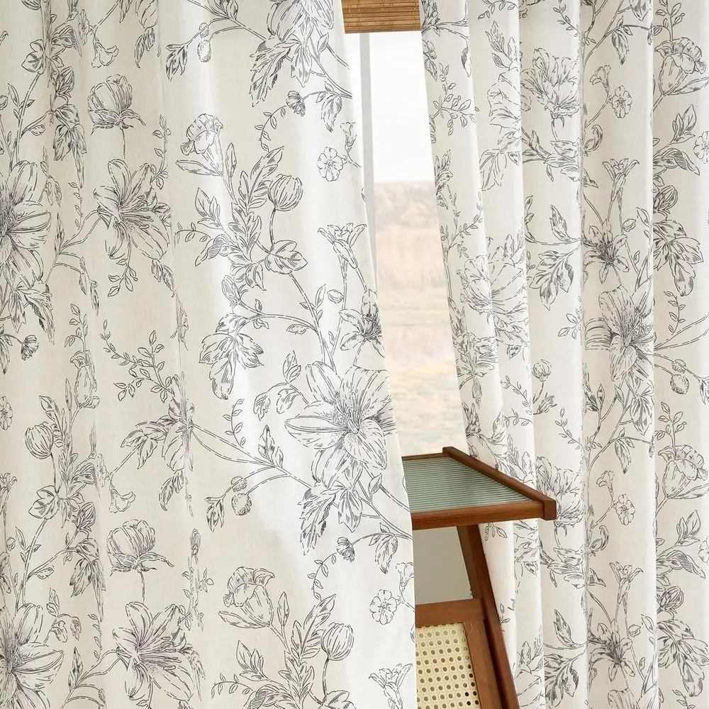 Zasłony lniane w stylu vintage z kwiatowym wzorem z lat 90., z zakładkami typu pinch pleat, do salonu i sypialni, czarny wzór kwiatowy.