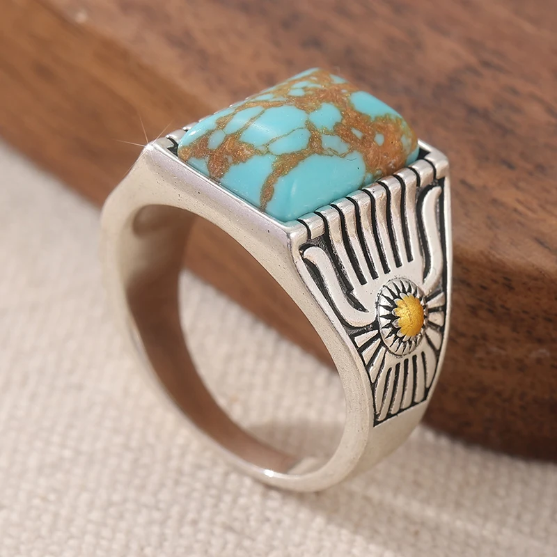 Vintage Silberfarbener Ring mit Eingelegtem Imitiertem Türkis für Damen Geometrischer Alltags- und Partyschmuck – Detail 4