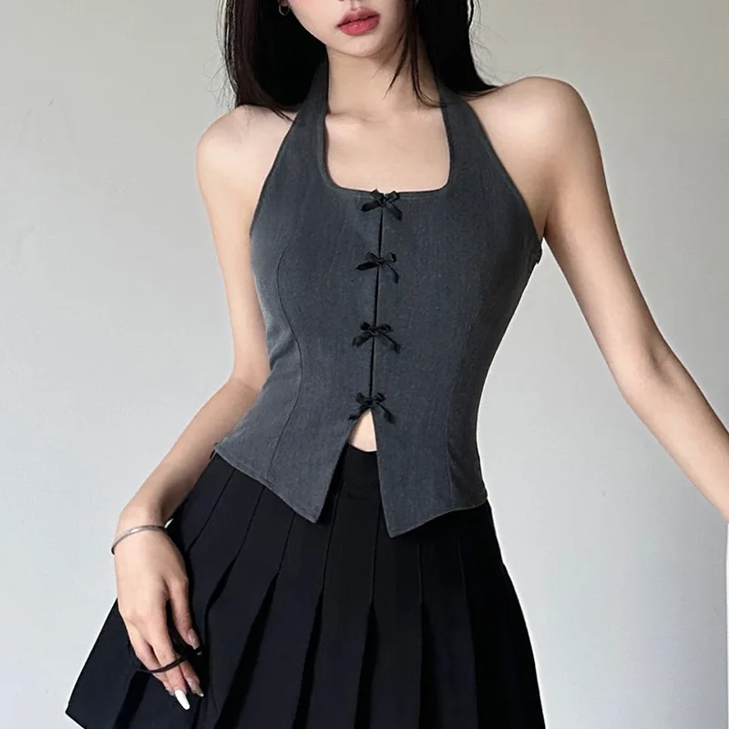 Grunge y2k Grey Sleeveless Slim Split Vest Women Bow Stitched Halter Tank Top Chic Fashion Crop Tops 90s Vintage Clothes