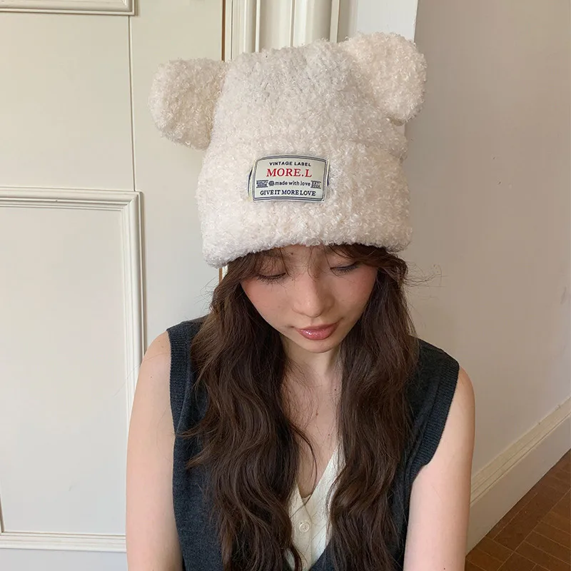 

Женский теплый плюшевый чепчик с милыми медвежьими ушками, осень-зима, плотный однотонный школьный рабочий дорожный защитный шапка для ушей, модные вещи