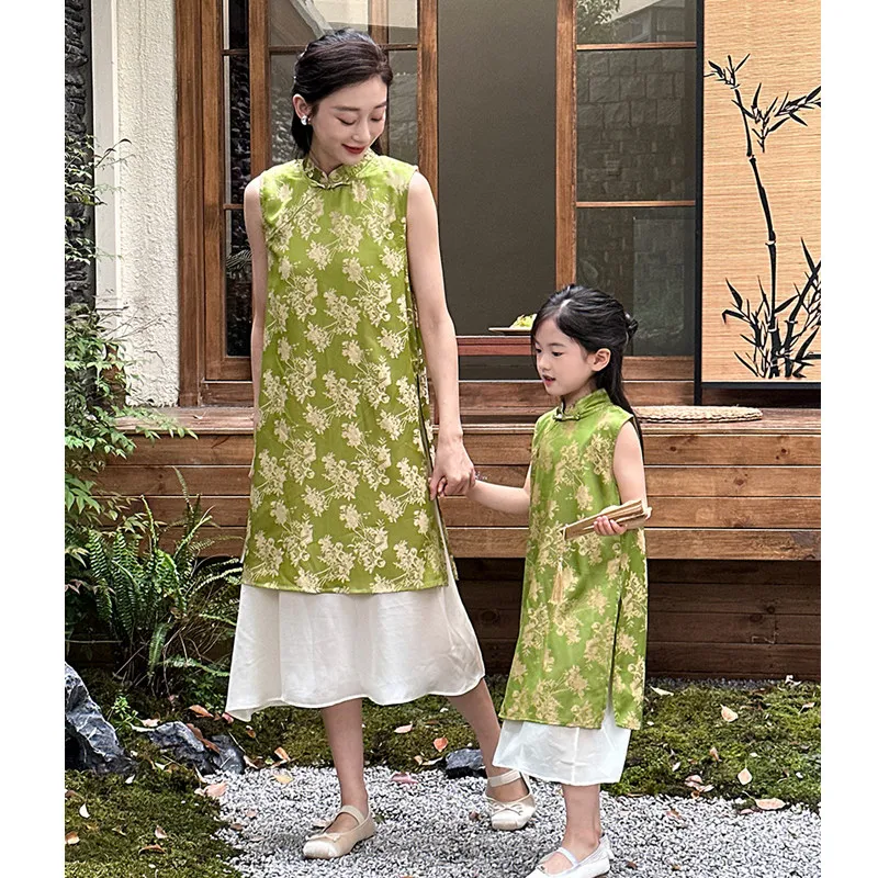 Chinese Style Dress Set for Girl and Mom Vintage Qipao Dresses 2024 Summer Mother and Daughter Matching Same Sleeveless Clothing