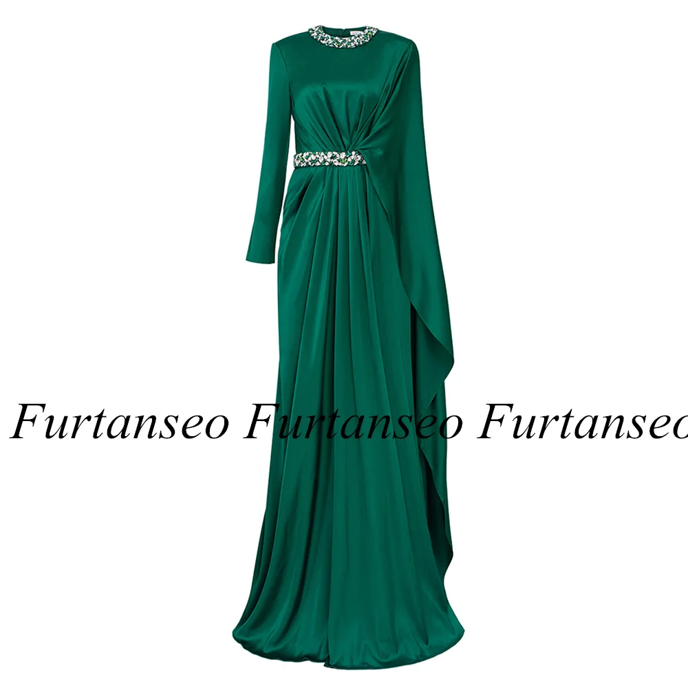 Vestido de fiesta árabe verde esmeralda, manga larga, cuello redondo, cristal de diamantes de imitación, vestido de noche de sirena personalizado, vestidos para ocasiones formales