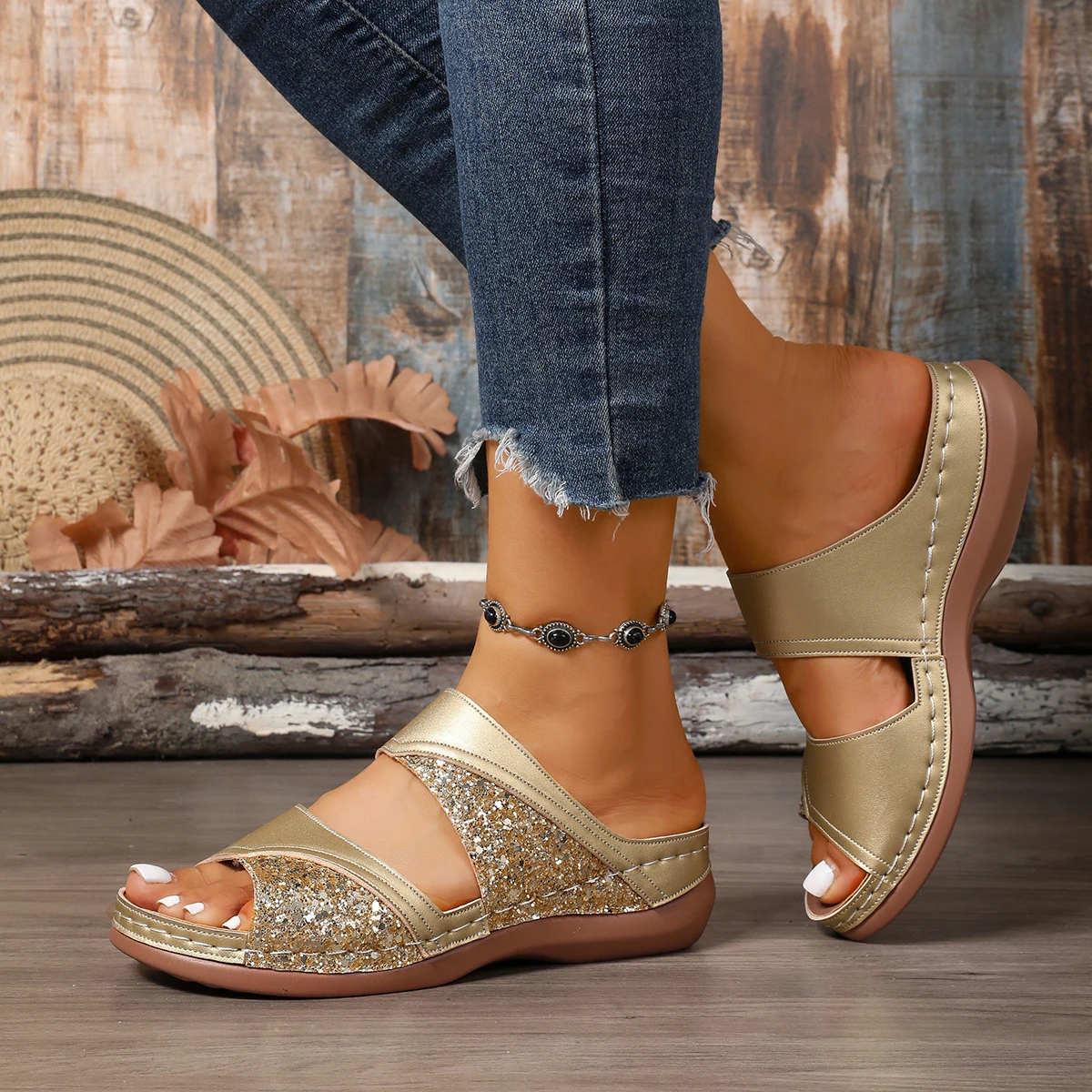 Sommermode Bequeme Damen Keilsandalen Glitzer Doppelriemen Rutschfeste Weiche Sohle Tägliche Strand- und Urlaubsschuhe