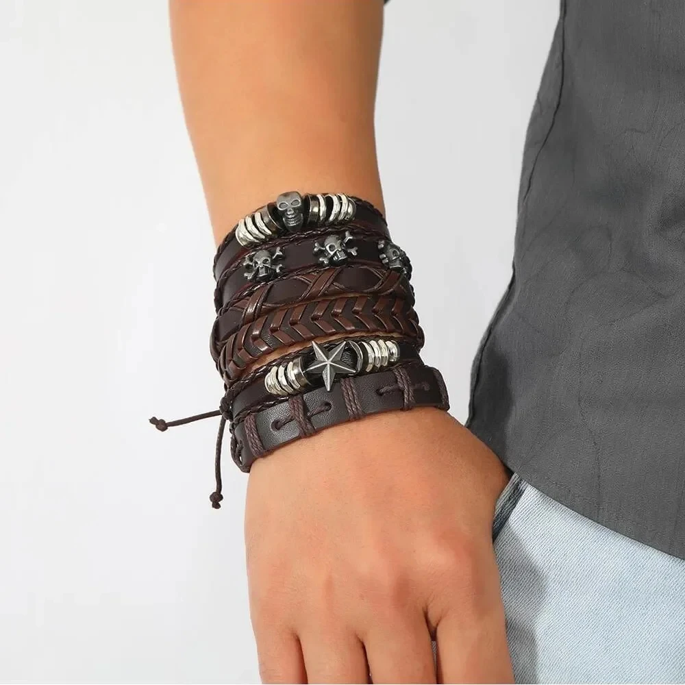 6pcs/set Brown Punk Skull & Star Shaped Alloy & Pu Leather Bracelet