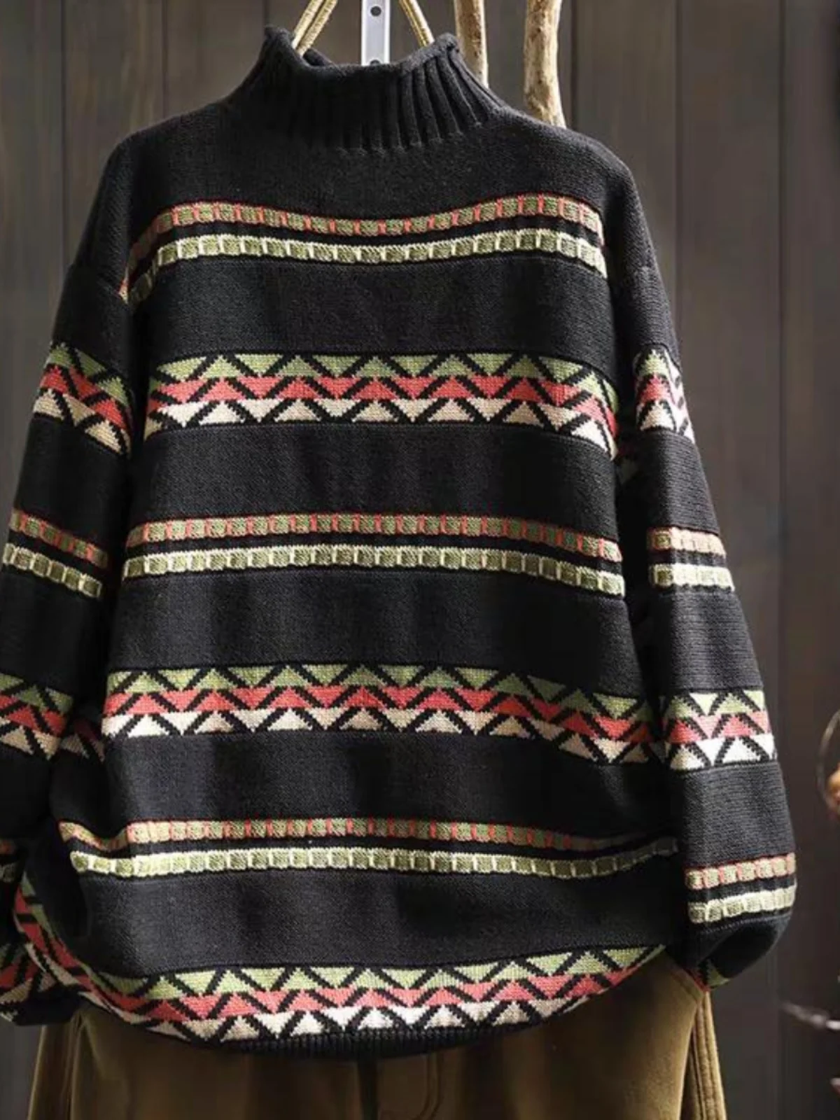 レトロニットコットンセーター女性ルーズカジュアルオーバーヘッド f ハイカラースリミングトレンディロング Sve 植物花柄