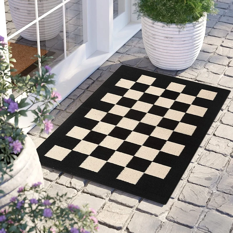 

Inyahome Indoor Entrance Door Mat Front Door Rug Checkered Geometric Pattern Welcome Mat Absorbent Thin Door Kitchen Rug Outside