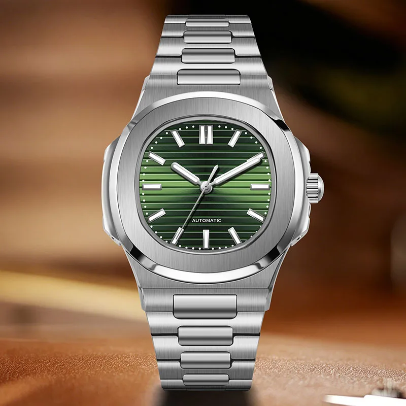 MACARLON Men's Auto Mechanical Wristwatch Sapphire Window Glow Dial Steel Bracelet Hidden Butterfly Buckle Screw-Down Crown