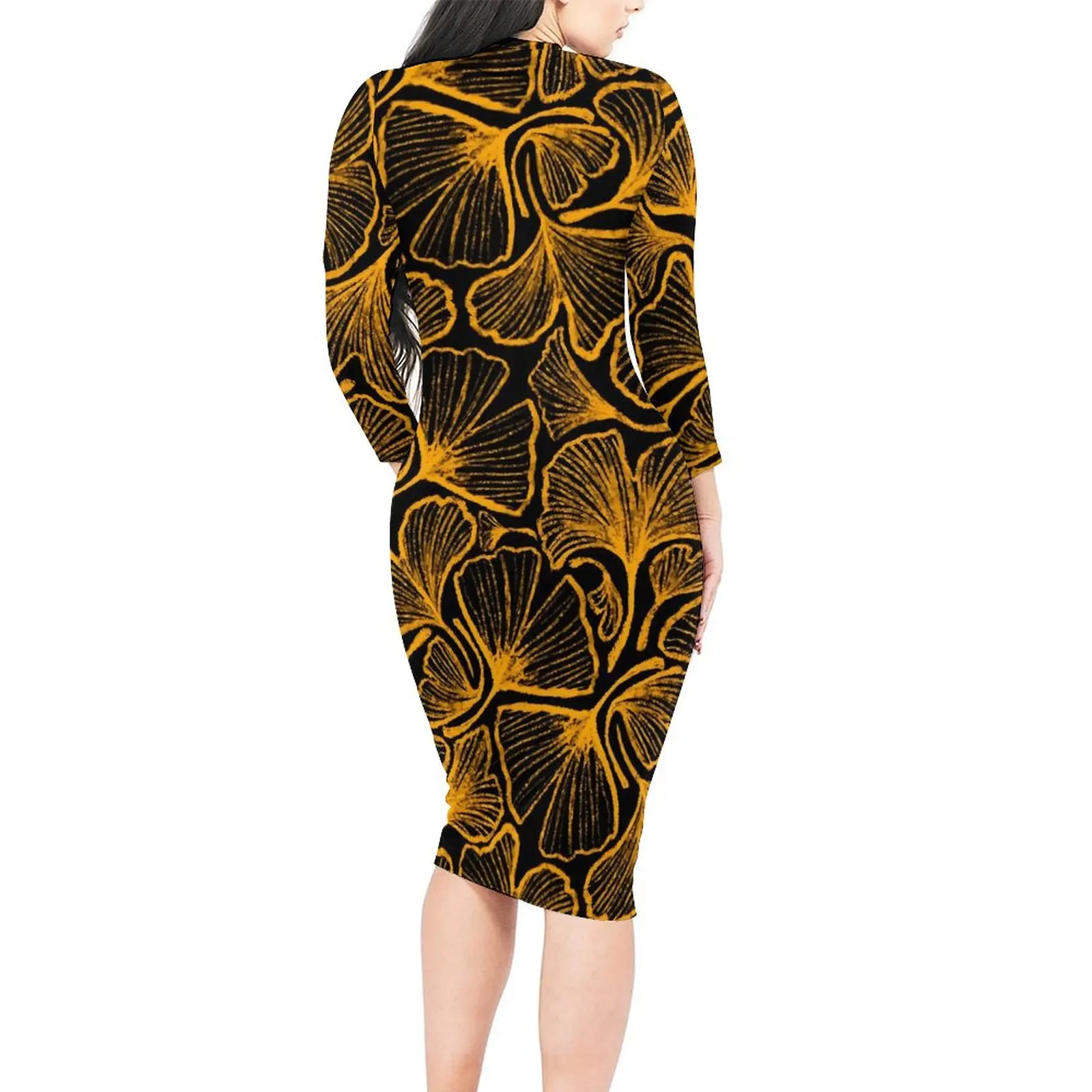 Ginkgo Biloba Dress Long Sleeve Yellow Leaves Print Vintage Dresses Autumn Female Fashion Design Bodycon Dress Big Size 4XL 5XL