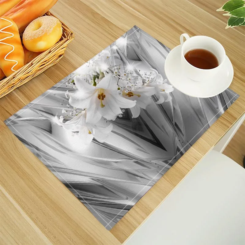 Lily Flower Floral Placemat Linen Fabric Table Mats Family Dinner Tableware Kitchen Table Mat 32X45cm
