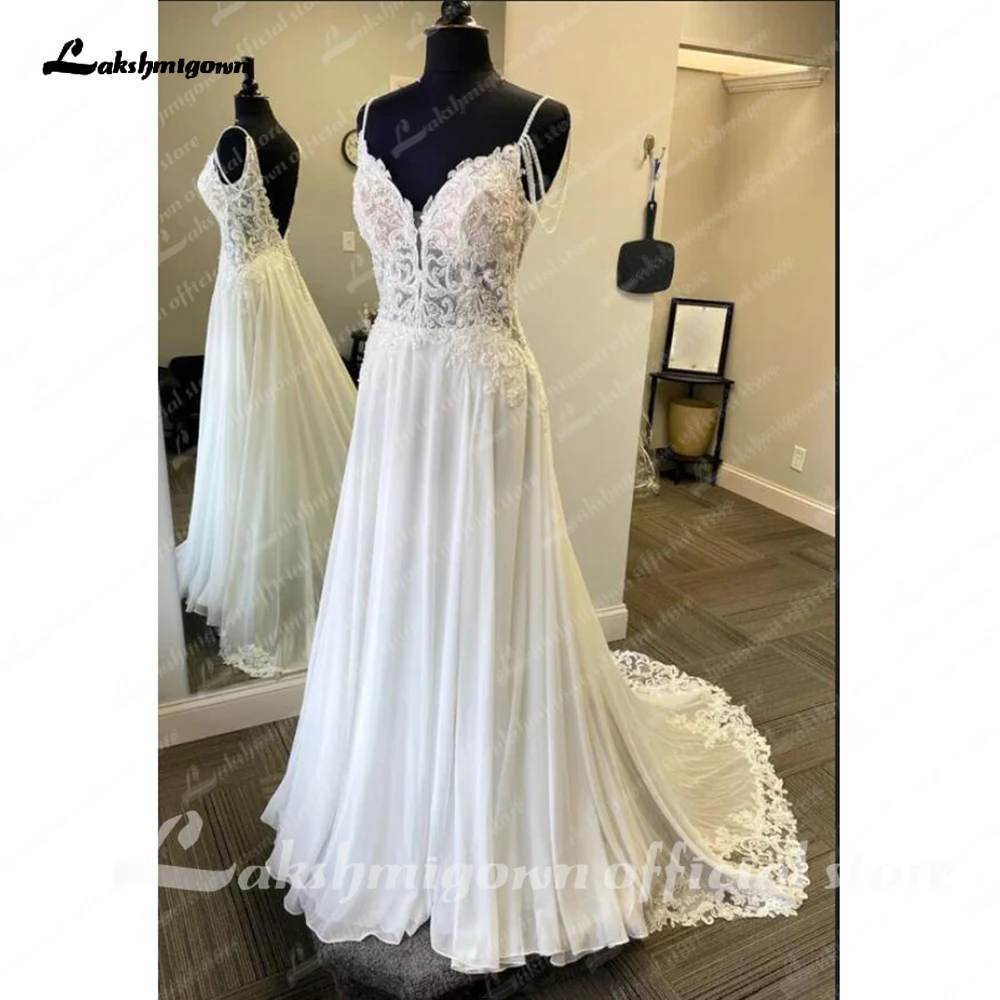 Lakshmigown Chiffon Spaghetti Straps Lace Boho Wedding Dress for Women 2024 V Neck Beads Bridal Gown batas de novia para boda