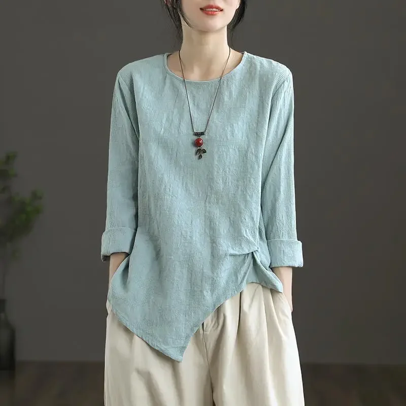 Koszulka damska na jesień, wyszczuplająca, asymetryczna bluzka, retro, bawełna i len, plisowana, z długim rękawem.