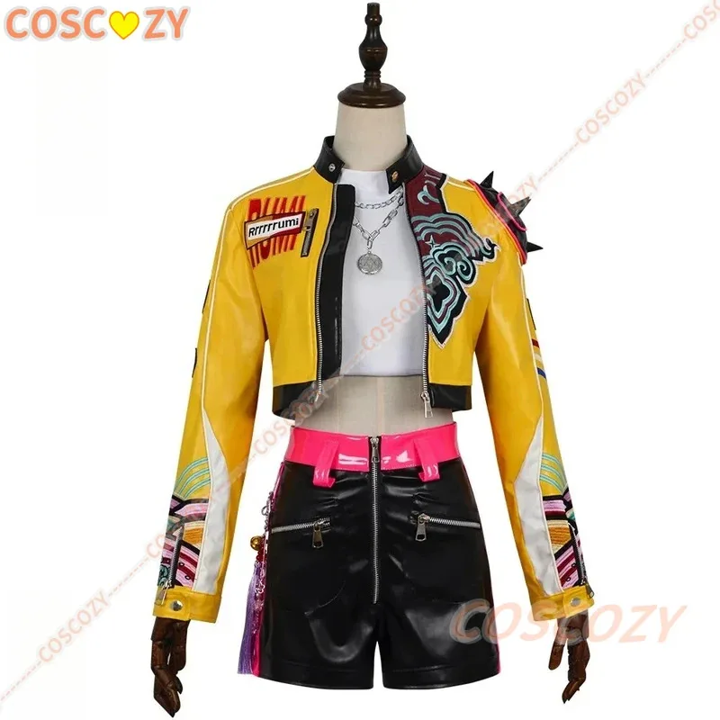 Disfraz de Rumi, peluca bordada, chaqueta de cuero PU amarilla, pantalones cortos, KPop Demon Hunters Huntrix, uniforme, pendientes, accesorios, traje
