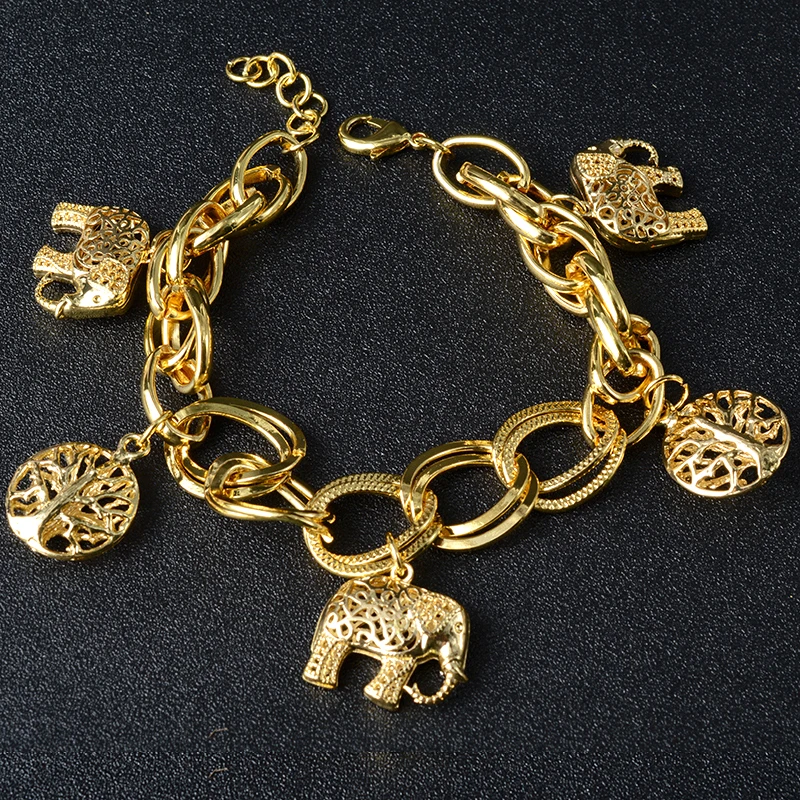 Elephant Life Tree Charm Bracelet Women Chunky Link Chain Vintage Hollow Carved Boho Bangle Animal Pendant Daily Jewelry Gift
