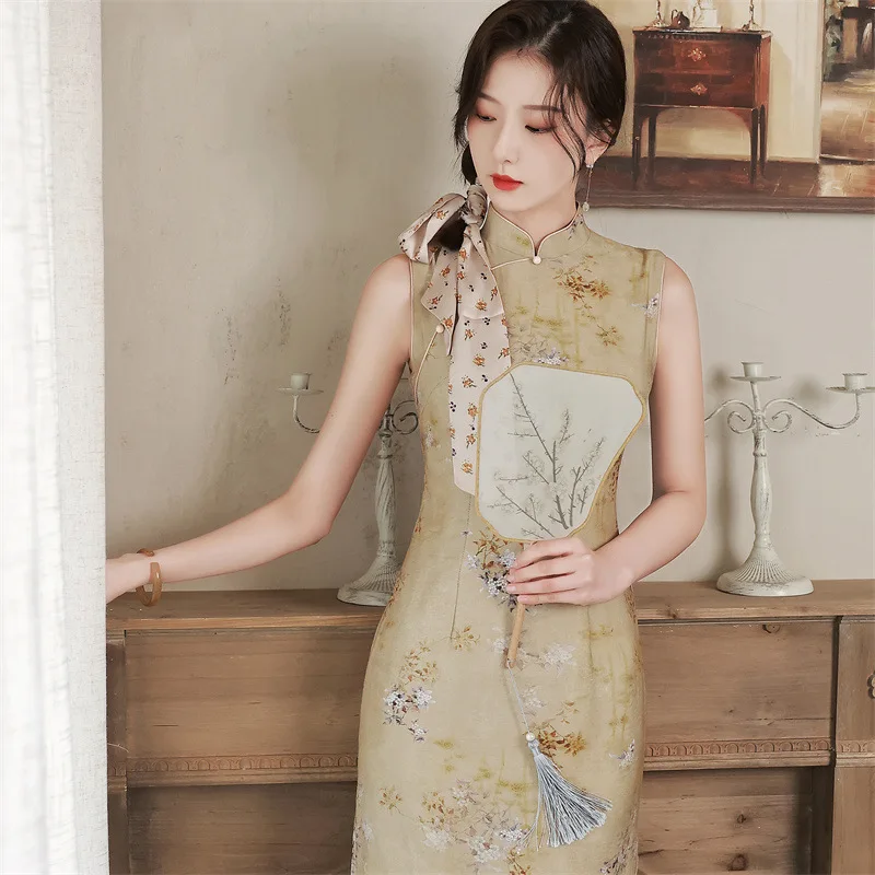 Cheongsam embroidered Republic of China style imitation ramie double-layer printed mid-length dress retro improved young girl st