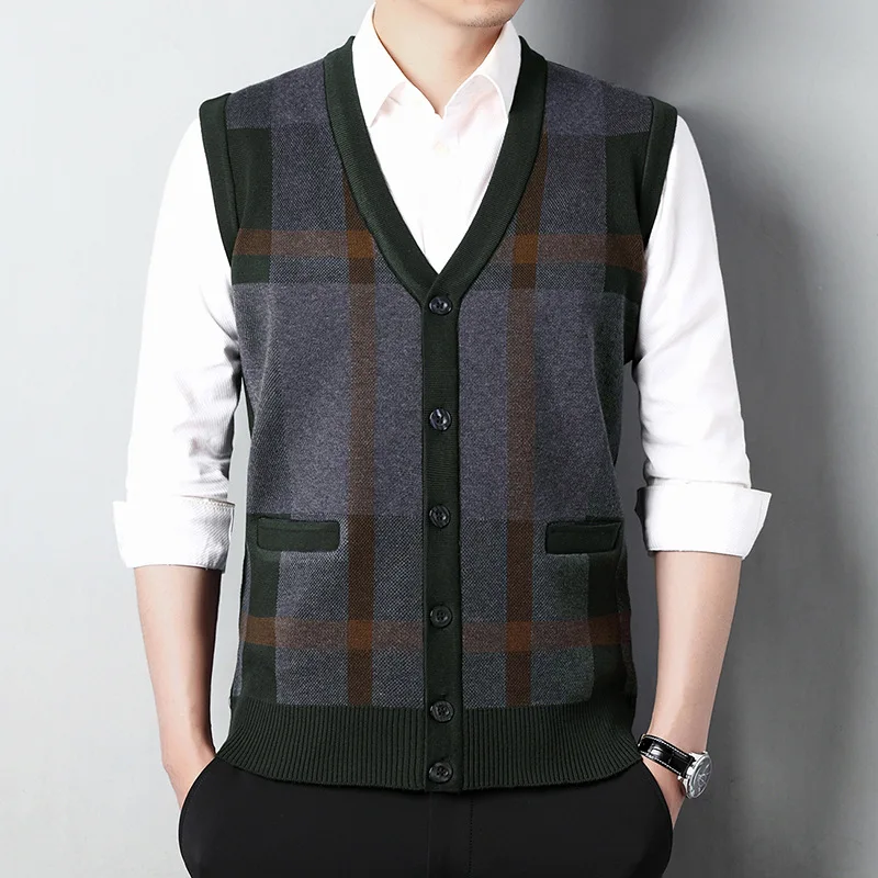 Autumn Winter Men\'s Casual Cardigan Vest Male V-neck Sweater Warm Wool Sweater Vest