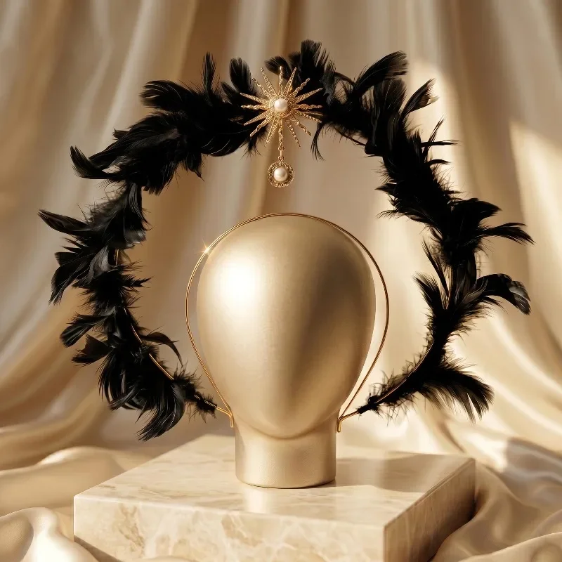 BLACK Feather Halo Crown Headpiece, Angel Bridal Hair Accessory, Boho Wedding Festival Headband for Women, Goddess Headpiece