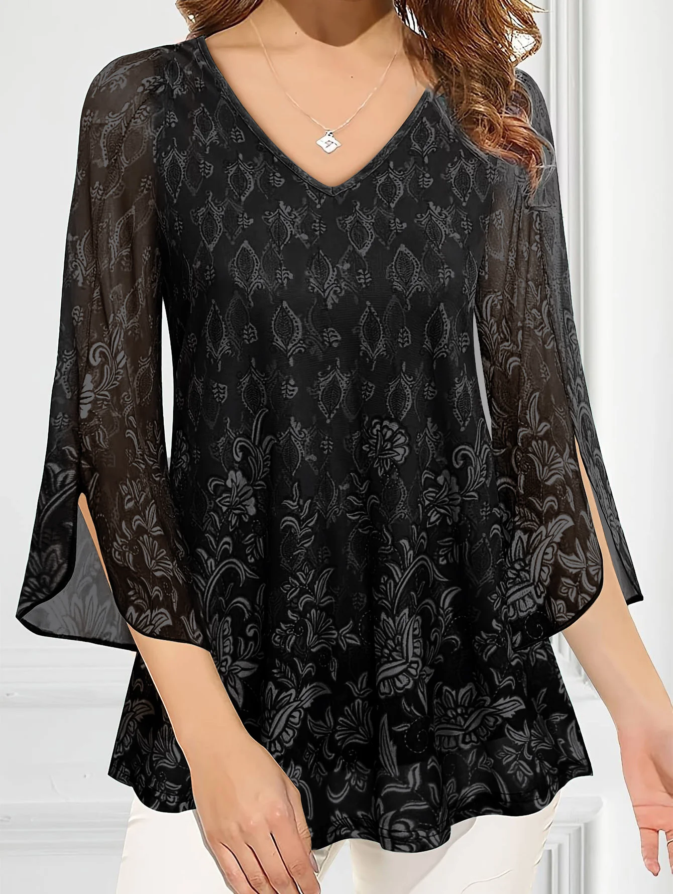 Blusa de talla grande, camisas, blusas de encaje para mujer, blusas de primavera 2025 de manga larga con cuello en V, camisa negra, verde y púrpura,