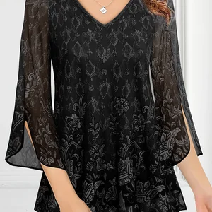 Plusgröße Bluse weibliche Spitzenhemden 2025 Frühling Vollhülle mit V grün schwarzer Ausschnitt Lila Bluse Bluse Elegante Kleidung 10 Hauptverkäufe Black Plus Size Bluse - №8