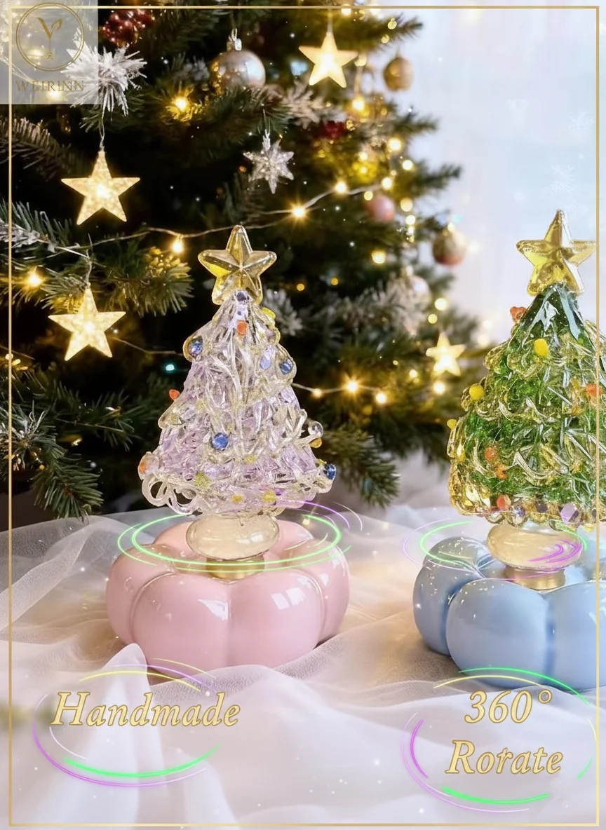 Weirinn Studio Hand-Blown Glass Christmas Tree Ornament, 360° Rotating Base, Luxury Holiday Desktop Decor & Gift for Her/Home