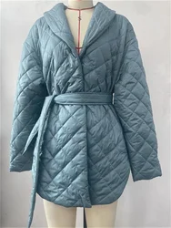 Argyle Long Cotton-padded Parkas Women Belted Thick Warm Winter Jacket Female Casual Solid Coats Female 2023 Overcoat