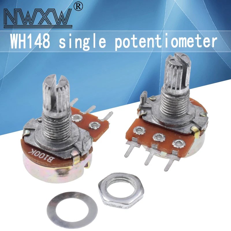 5pcs/lot WH-148 B100k 100k single 3-pin volume adjustment potentiometer B104 shaft length 15mm with nut and washer