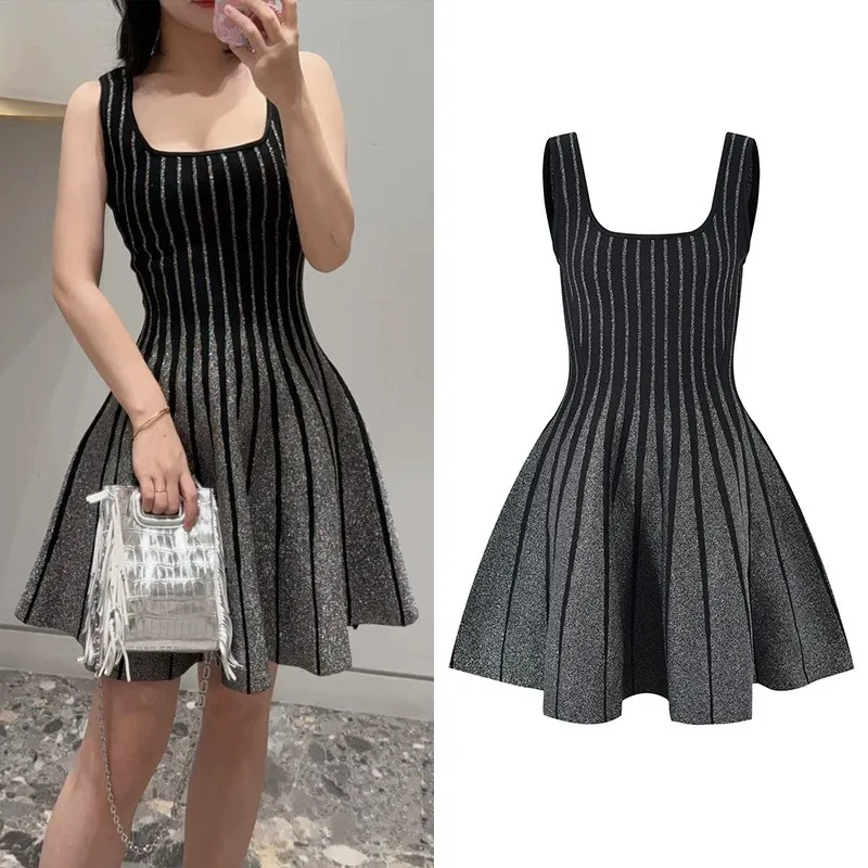 Socialite vertical stripes silver bright flash knit short dress 2024 new fall halter dress