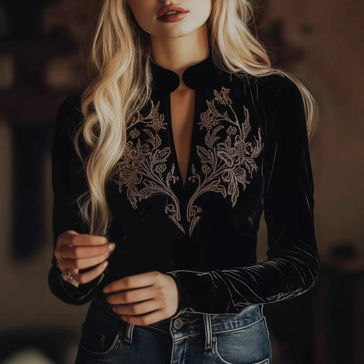 

Retro Velvet Embroidery Beaded Cheongsam Banquet T shirt Stand Collar Chinese Stlye Long Sleeve Elegant Tee Tops for Women