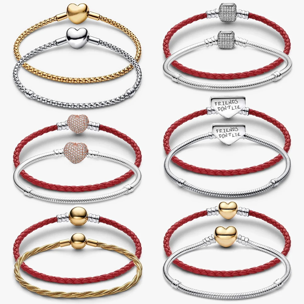 

2026 New 925 Silver Fashion Heart Shaped Leather Rope Three Thread Weaving Classic Bracelet DIY Exquisite Charm Jewelry Gift