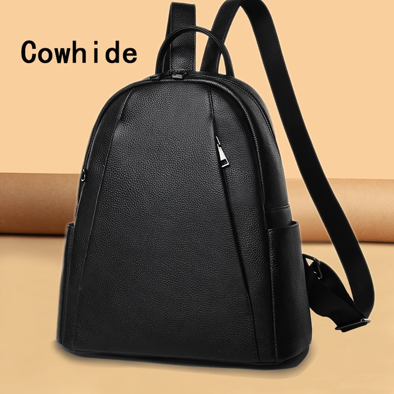 Sac à dos en cuir de vachette pour femme, sac de voyage scolaire, sacs à dos de luxe, haute capacité, noir, mode fille, année, dames, 2023