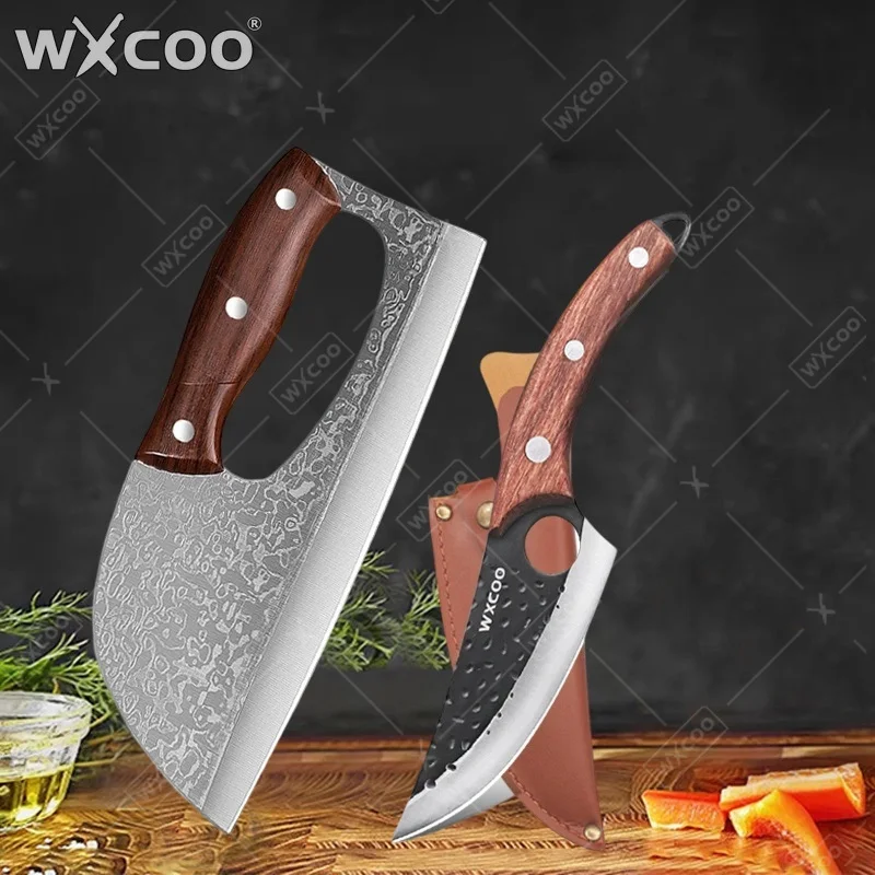 WXCOO Handmade Forged Butcher Knife Kitchen Knife Stainless Steel Boning Cutter BBQ Meat Cutting Multifunctional Labour-saving