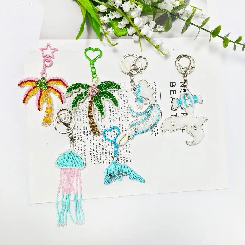 1 peça charme vida marinha miçangas apliques remendo decoração coqueiro artesanal strass chaveiro saco de cristal pingente