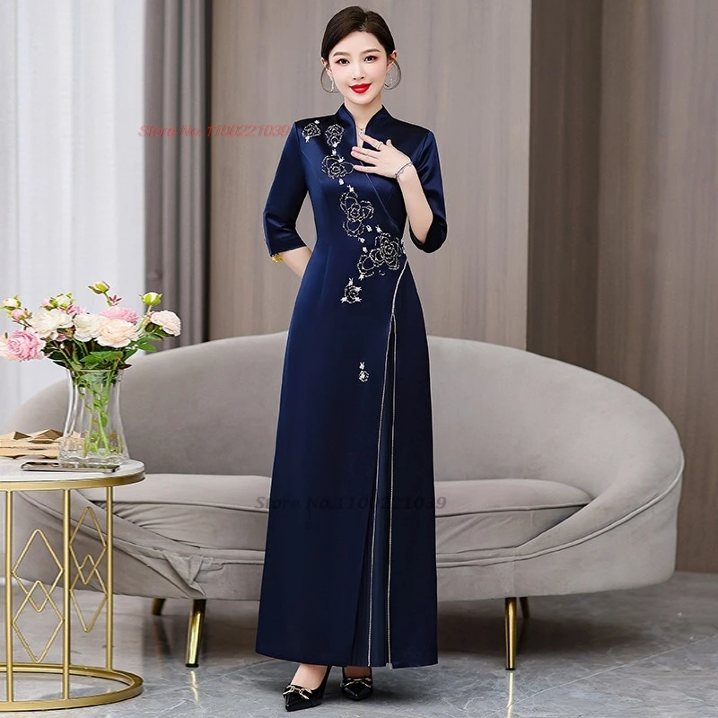 2026 chinese improved qipao dress national flower sequin satin cheongsam  traditional wedding dress banquet evening dress qipao - AliExpress 200000532