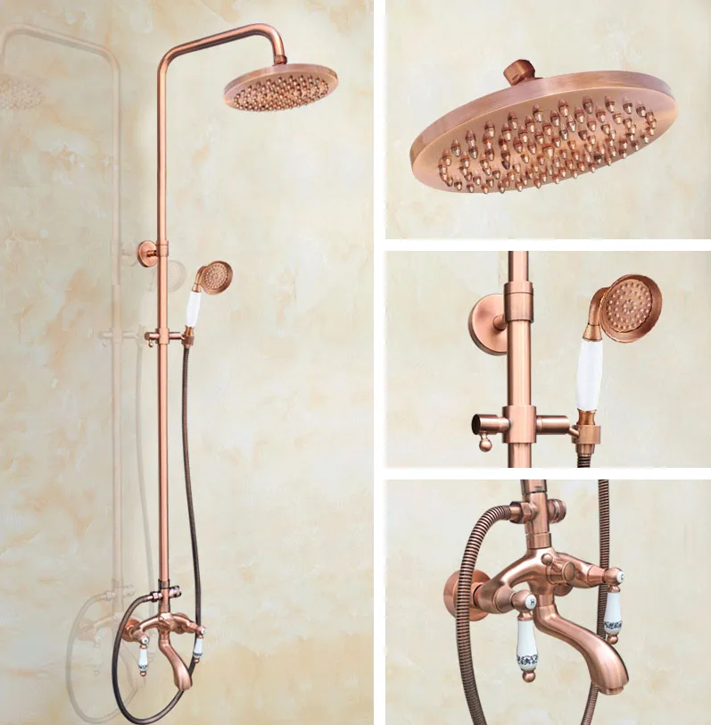 

Antique Red Copper Brass Dual Ceramic Handles Bathroom 8 Inch Round Rain Shower Faucet Set Bath Tub Mixer Tap Hand Shower mrg536