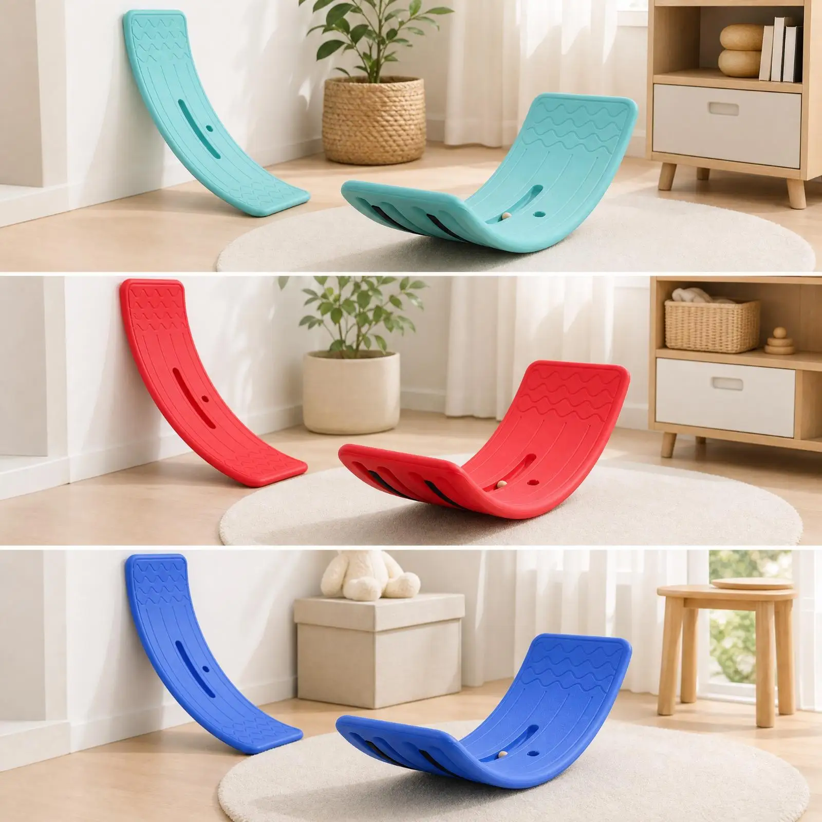 Kids Balance Rocker Board for Age 3-6 Plastic Curved Design with Non-slip Foot Spots and Bottom Strips for Safe Home Balance
