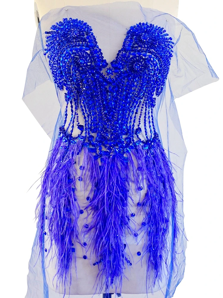 16-kleuren hoge lieverd cocktailjurk kralen struisvogelveren kristal accessoires profilering tule avondkleding stof