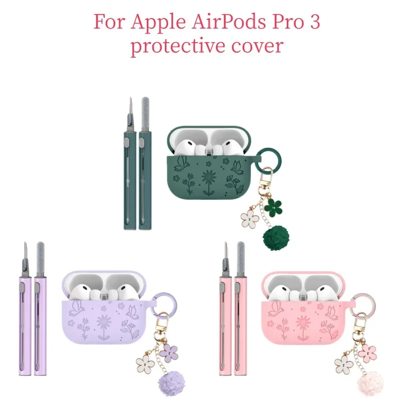 

3D Embossed Floral Butterfly Case with Chain & Cleaning Pen for Apple AirPods Pro 3 ， Stylish Earphone Protective Cover
