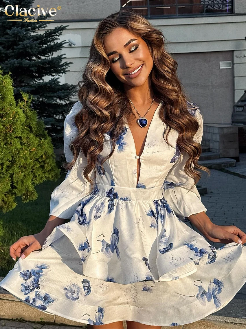 

Clacive Fashion Loose Print Women's Dress 2026 Spring V-Neck Long Sleeve Mini Dresses Elegant Classic Pleated Female Dress