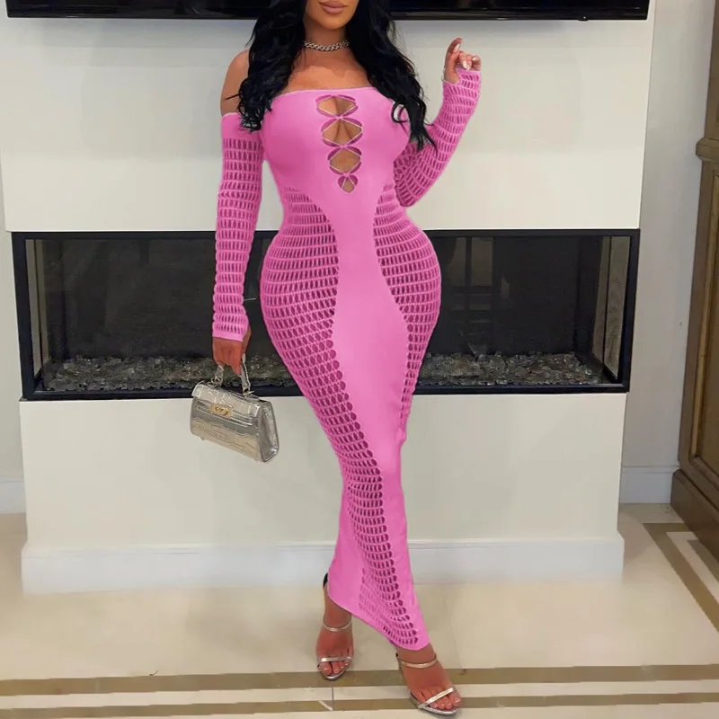 Long Sleeves Hollow Out Sexy Robes Fit One Piece Knitted Wrapped Hip DressSolid Color Backless Bandage Bodycuon Midi Dresses