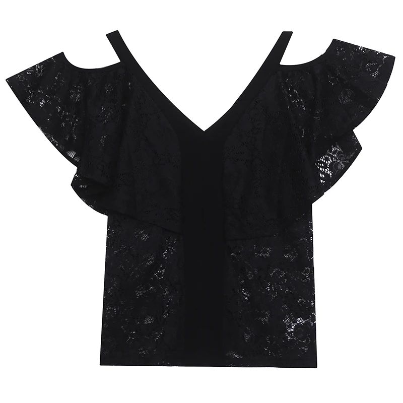 Lady Fashion Sexy Lace Splicing Black Off Shoulder T Shirts for Women Clothing Girls Vintage Tops Female Woman Nice Clothes 2