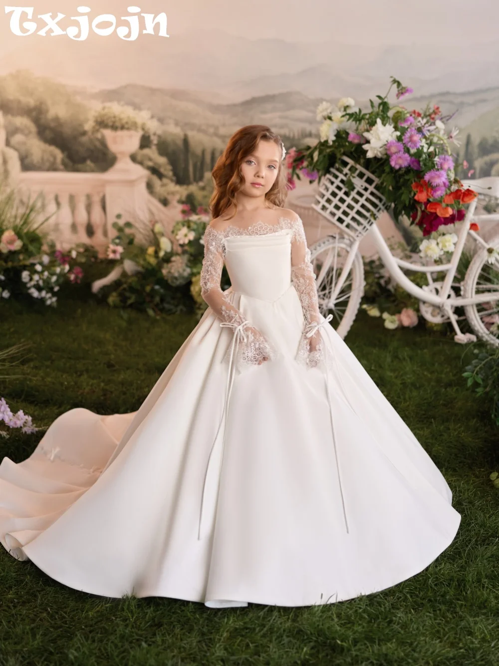 White Elegant Bow Kids Princess Gown Piano Performance Wear Shinny Lace Off Shoulder Girls Dresses For Birthday Party 3-14Y