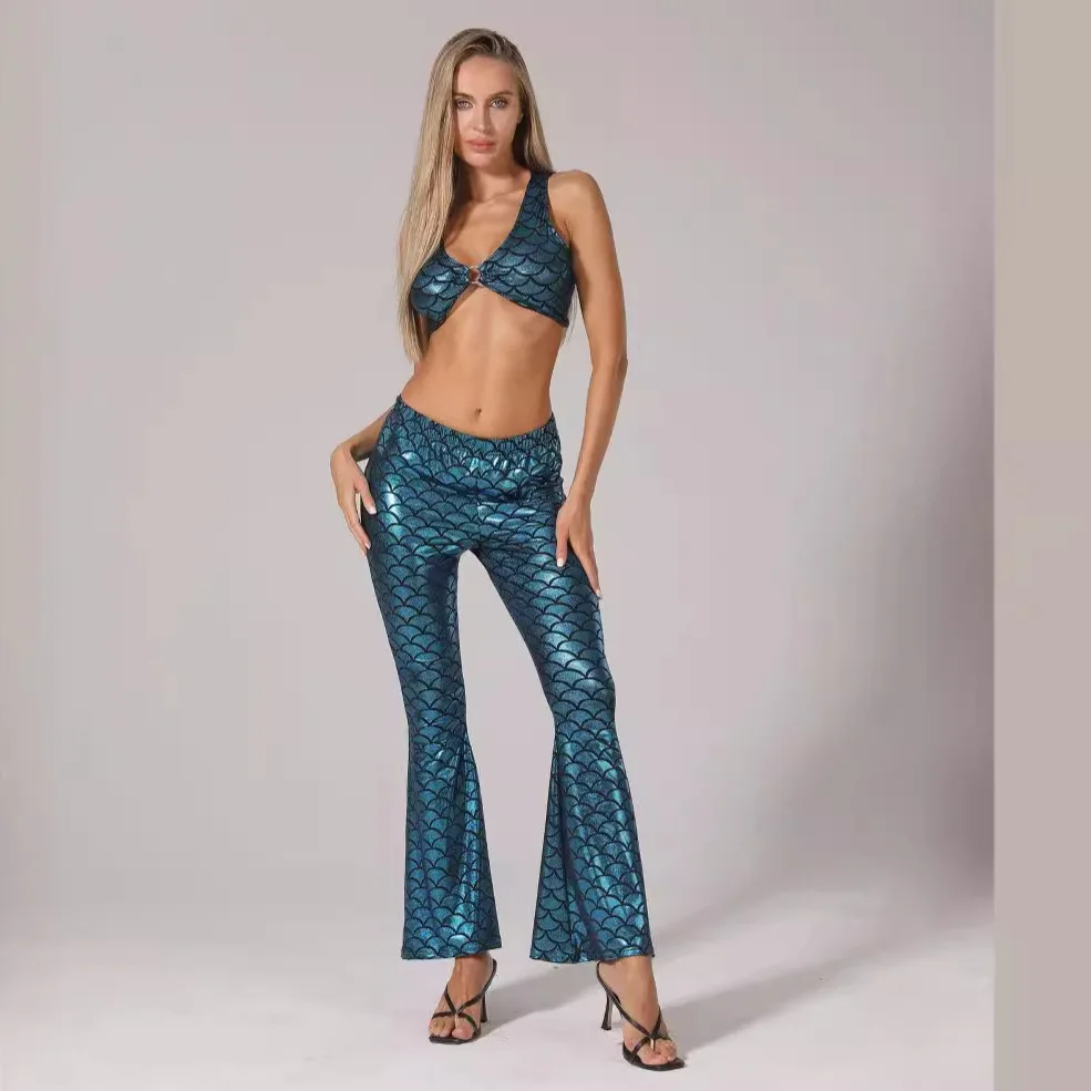 Fashionable Multi-Color Fish Scale Bell Bottom Pants Slimming Casual Trousers Street Style High Waist Polyester Fiber Ladies