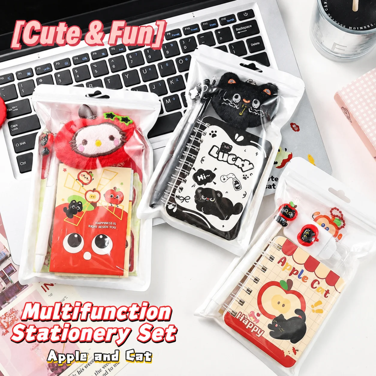 Cartoon Apple Cat Theme Stationery Set Multi-Function School Supplies Including Gel Pen Correction Tape Notebook Sticky Notes