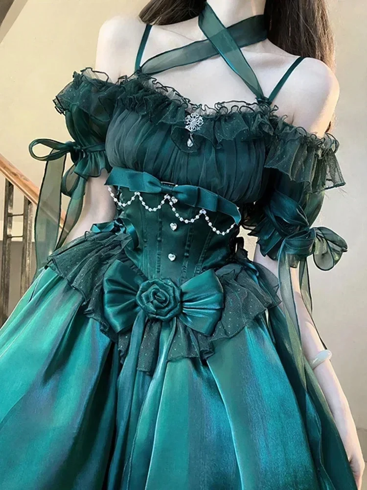 

Exquisite Elegant Green Lolita Dress High Waist Slim Fit Bow Off -The-Shoulder Neck Suspender Dress for Women Wedding Dress