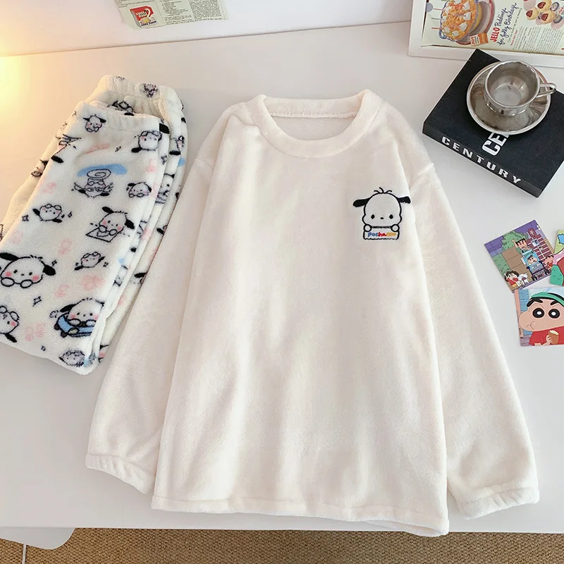 Kawaii Pochacco الكرتون أنيمي الخريف النساء أفخم منامة مجموعة Sanrios فضفاض المرجان الصوف الدافئة Homewear الفتيات طالب نوم #4