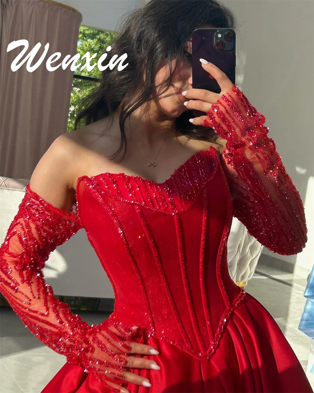 Robes De soirée en Satin rouge moderne personnalisées, sans bretelles, manches longues, robes De soirée De luxe