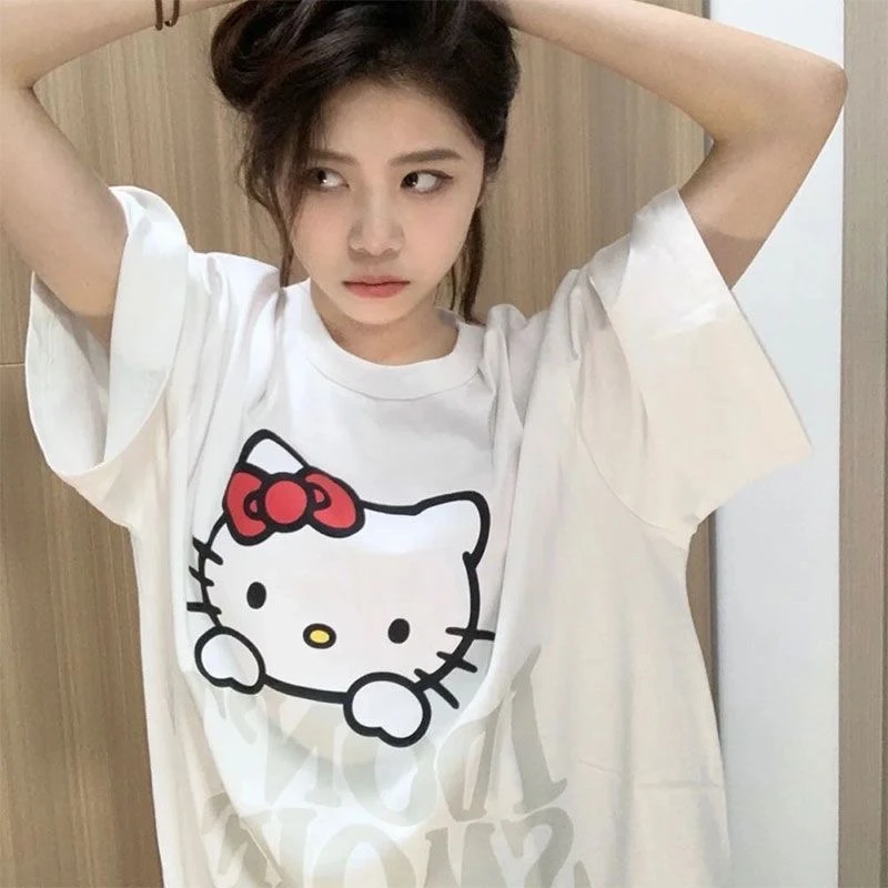 

Футболка с короткими рукавами Hello Kitty, летняя милая женская корейская свободная хлопковая футболка с половиной рукавов, летняя одежда для сна большого размера