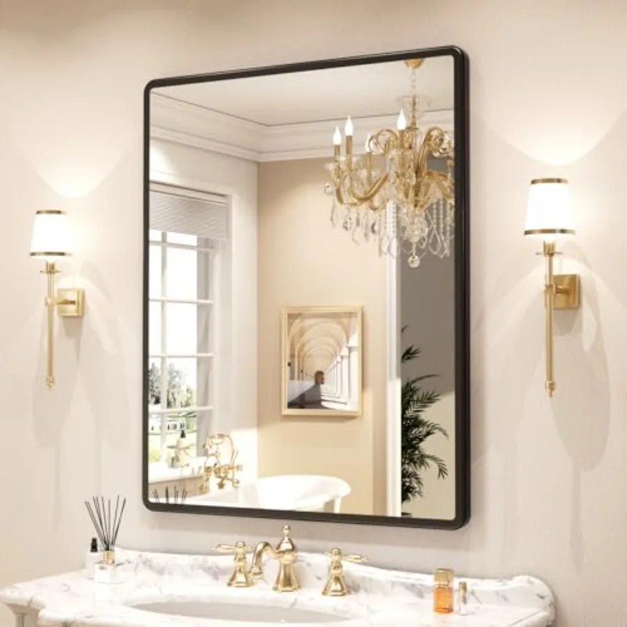 

New Upgrade Bathroom Mirror 24X36 Inch Black Metal Frame Wall Mounted Rounded Rectangle Bathroom Vanity Mirror with Tempered Gl