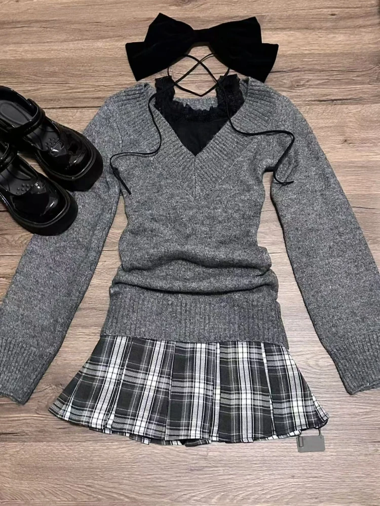 Japanese Kawaii 2 Piece Matching Suit Girls Solid Knitted Sweater Slim Plaid Mini Skirt Y2k Harajuku Chic Fashion Outfit Women
